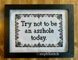 Try Not To Be An Asshole Today - Framed Cross-Stitch
