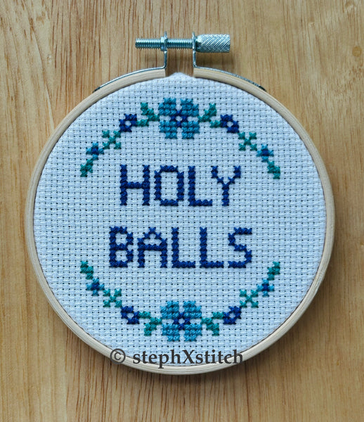 Holy Balls - Cross Stitch Hoop Art